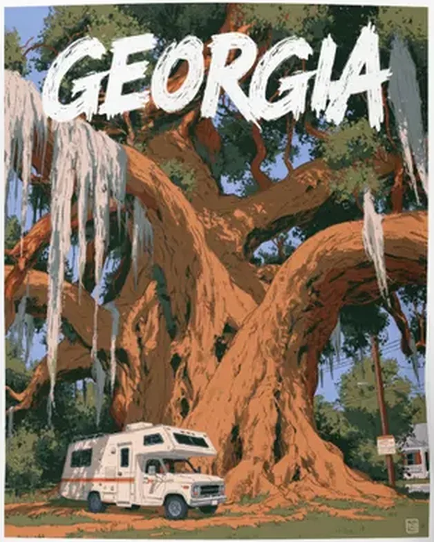 Georgia Live Oak Tee — Retro RV Travel Poster Georgia Live Oak Tee — Retro RV Travel Poster — original travel-poster art print for a PickRV unisex cotton t-shirt