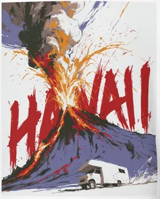 Hawaii Erupting Volcano Tee — Retro RV Travel Poster Hawaii Erupting Volcano Tee — Retro RV Travel Poster — original travel-poster art print for a PickRV unisex cotton t-shirt
