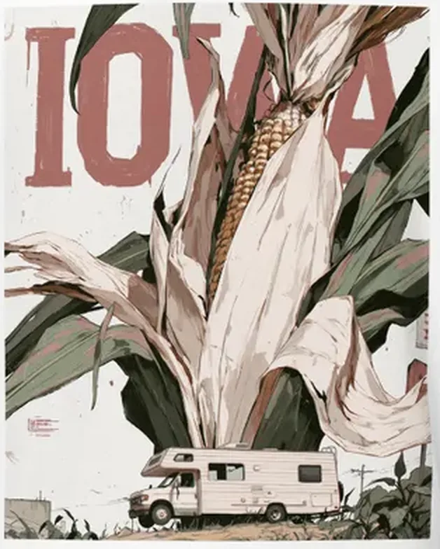 Iowa Sweet Corn Tee — Vintage Travel Art Iowa Sweet Corn Tee — Vintage Travel Art — original travel-poster art print for a PickRV unisex cotton t-shirt