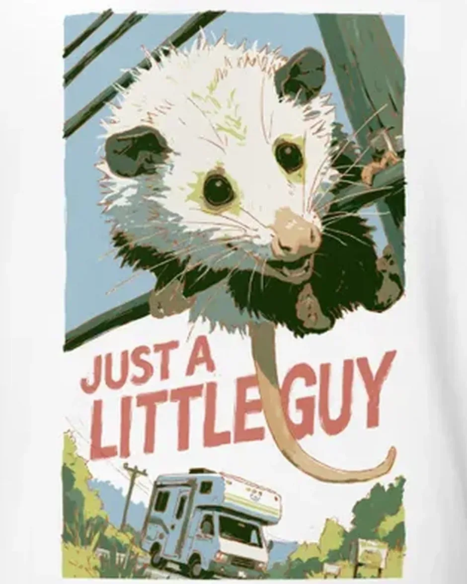 Just a Little Guy Tee — Funny Opossum RV Road Trip — original travel-poster art print for a PickRV unisex cotton t-shirt