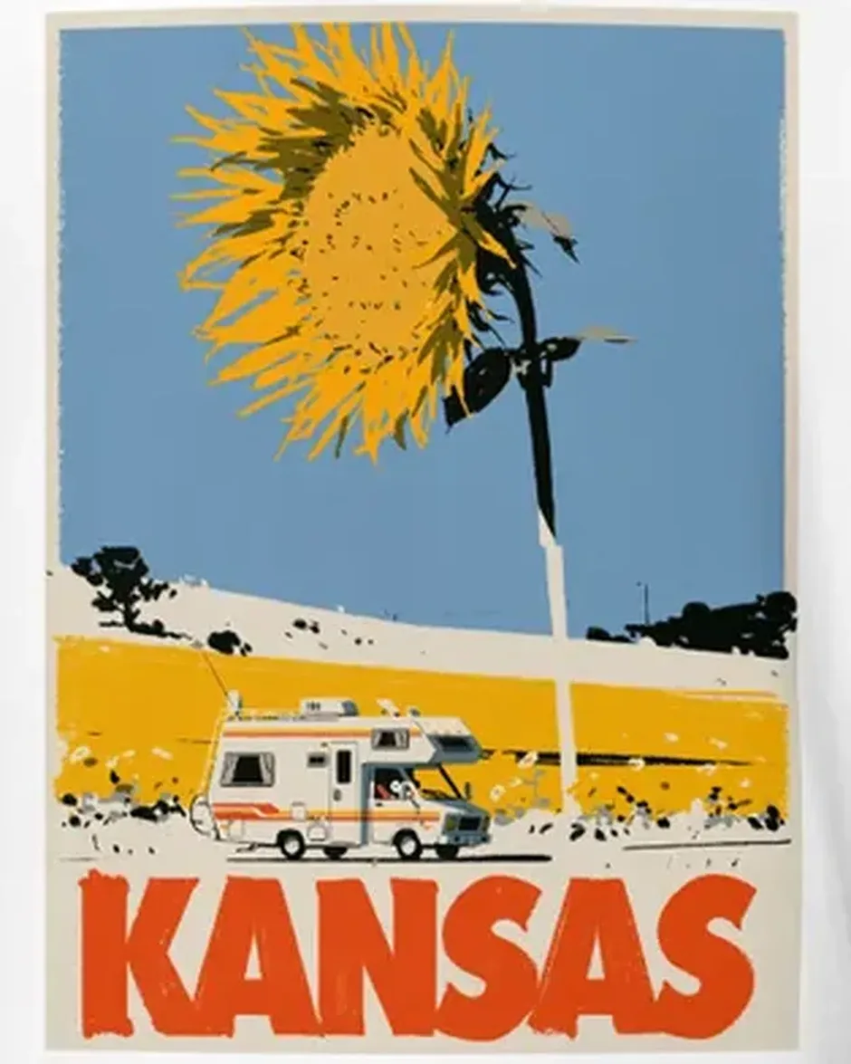 Kansas travel-poster tee — original PickRV artwork