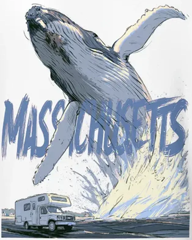 Massachusetts Whale Tee — Vintage Travel Art Massachusetts Whale Tee — Vintage Travel Art — original travel-poster art print for a PickRV unisex cotton t-shirt
