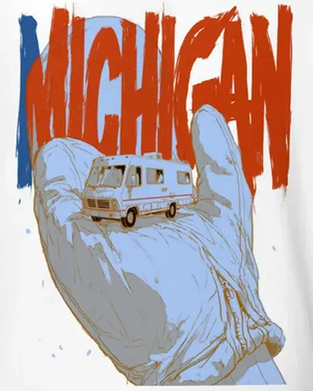 Michigan Mitten Tee — Retro RV Travel Poster Michigan Mitten Tee — Retro RV Travel Poster — original travel-poster art print for a PickRV unisex cotton t-shirt