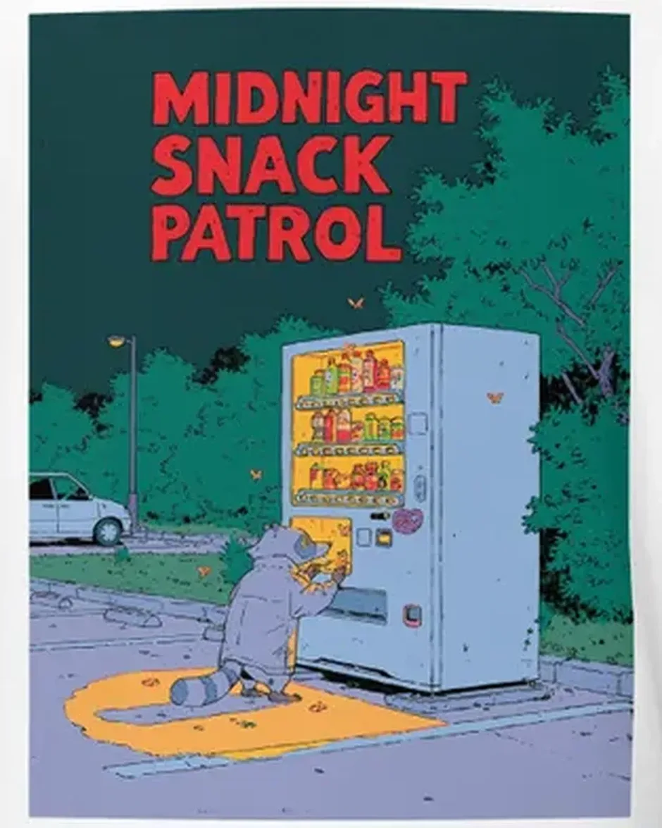 Midnight Snack Patrol Tee — Funny Raccoon Roadside RV — original travel-poster art print for a PickRV unisex cotton t-shirt