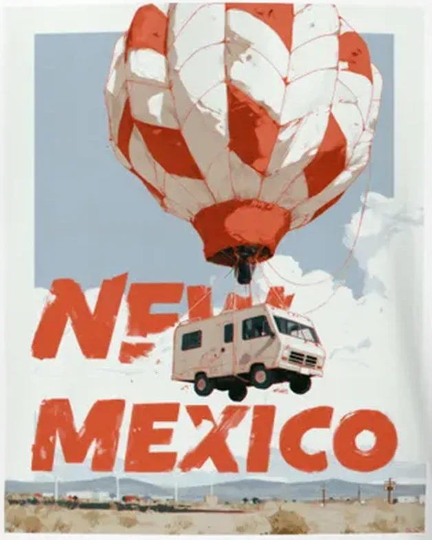 New Mexico Hot Air Balloon Tee — Retro RV Travel Poster New Mexico Hot Air Balloon Tee — Retro RV Travel Poster — original travel-poster art print for a PickRV unisex cotton t-shirt