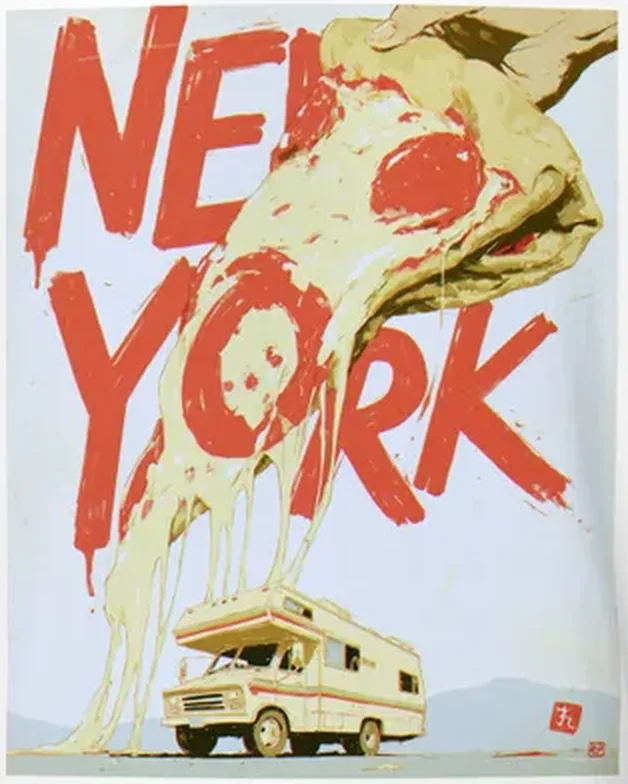 New York Pizza Slice Tee — Retro RV Travel Poster New York Pizza Slice Tee — Retro RV Travel Poster — original travel-poster art print for a PickRV unisex cotton t-shirt