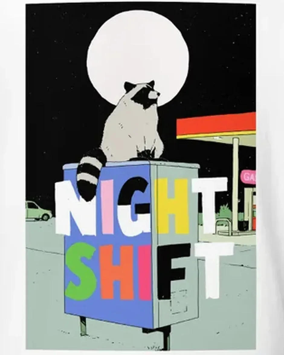 Night Shift Tee — Funny Raccoon Road Trip RV — original travel-poster art print for a PickRV unisex cotton t-shirt