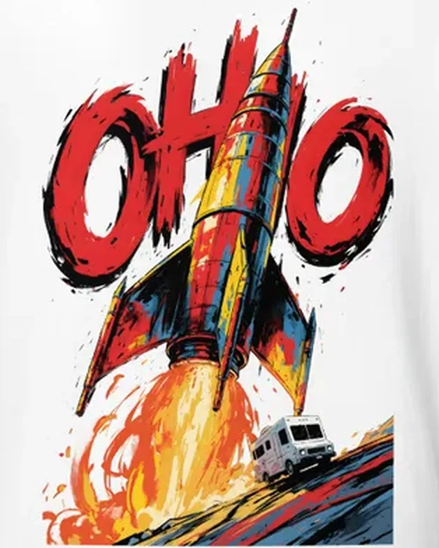 Ohio Rocket Tee — Retro RV Travel Poster Ohio Rocket Tee — Retro RV Travel Poster — original travel-poster art print for a PickRV unisex cotton t-shirt