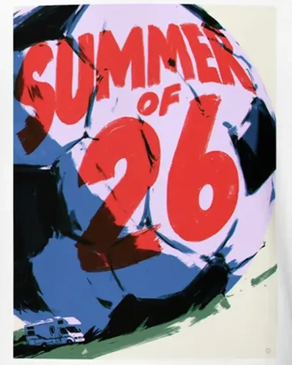 Summer of '26 Tee — Retro Soccer 2026 RV Road Trip — original travel-poster art print for a PickRV unisex cotton t-shirt