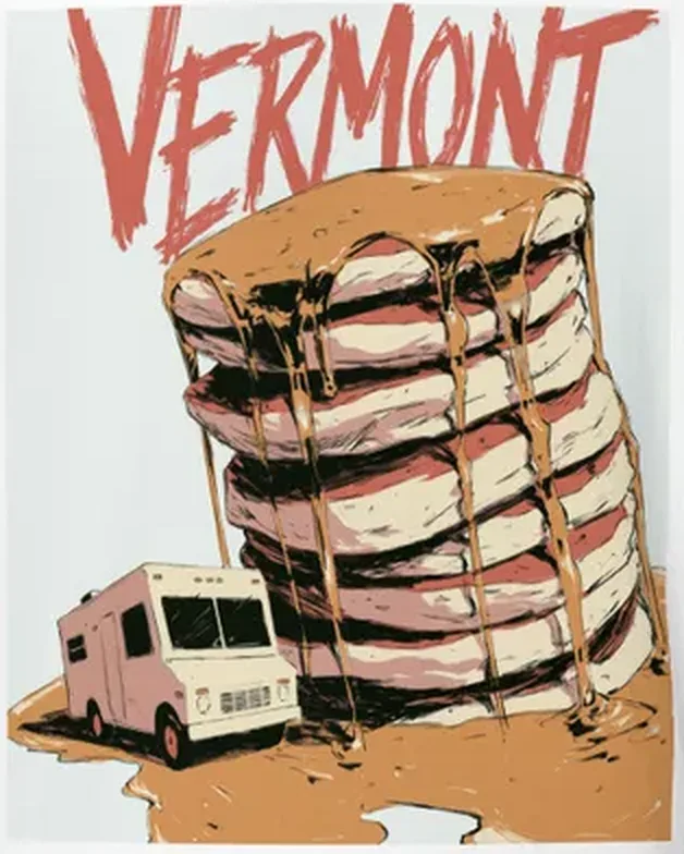 Vermont Pancakes Tee — Vintage Travel Art Vermont Pancakes Tee — Vintage Travel Art — original travel-poster art print for a PickRV unisex cotton t-shirt