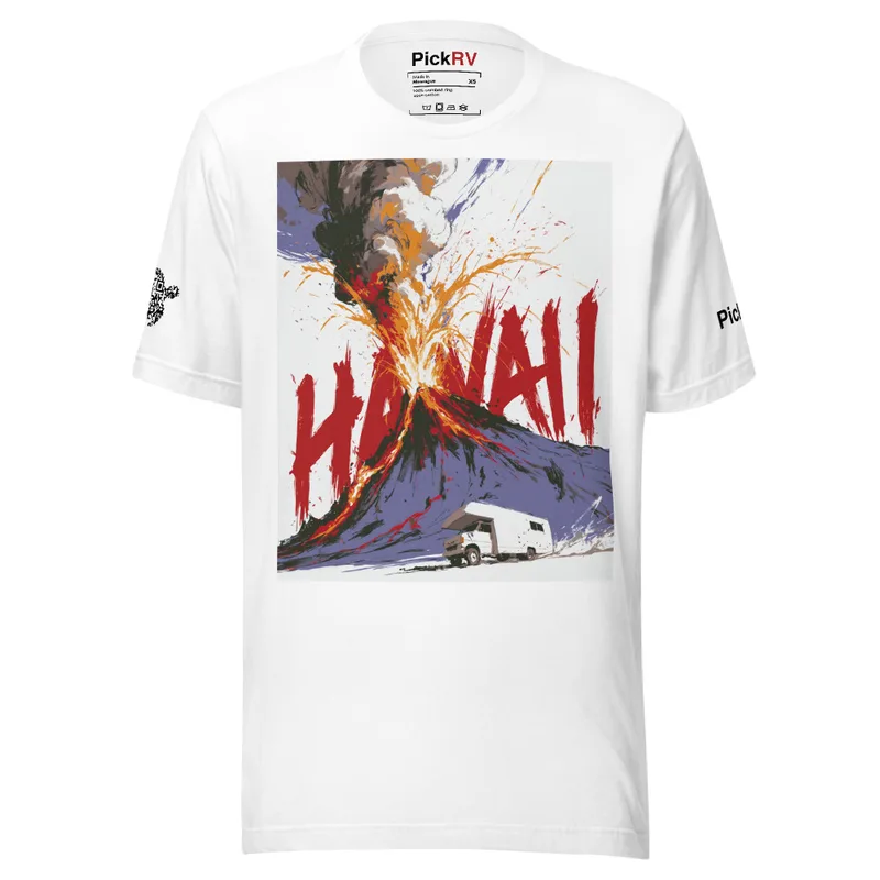 Hawaii Erupting Volcano Tee — Retro RV Travel Poster Hawaii Erupting Volcano Tee — Retro RV Travel Poster — original PickRV unisex cotton t-shirt, printed on demand