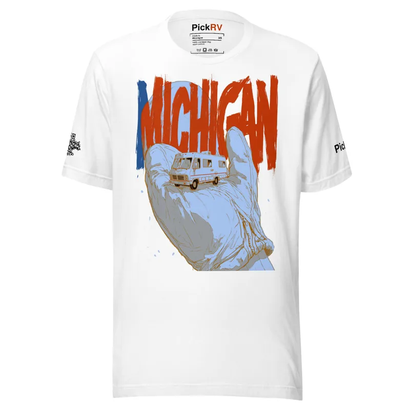 Michigan Mitten Tee — Retro RV Travel Poster Michigan Mitten Tee — Retro RV Travel Poster — original PickRV unisex cotton t-shirt, printed on demand