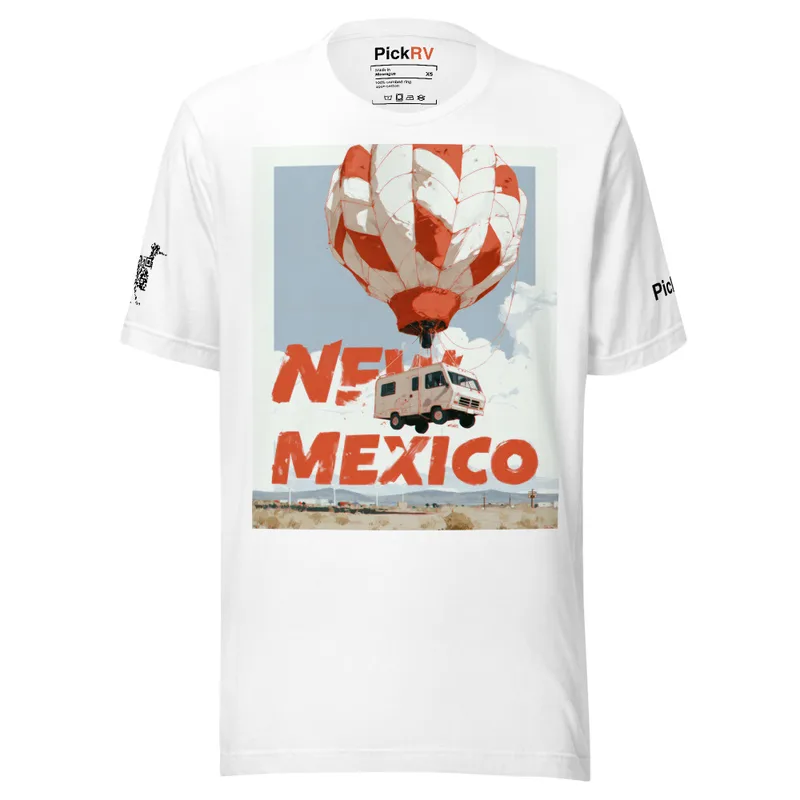 New Mexico Hot Air Balloon Tee — Retro RV Travel Poster New Mexico Hot Air Balloon Tee — Retro RV Travel Poster — original PickRV unisex cotton t-shirt, printed on demand