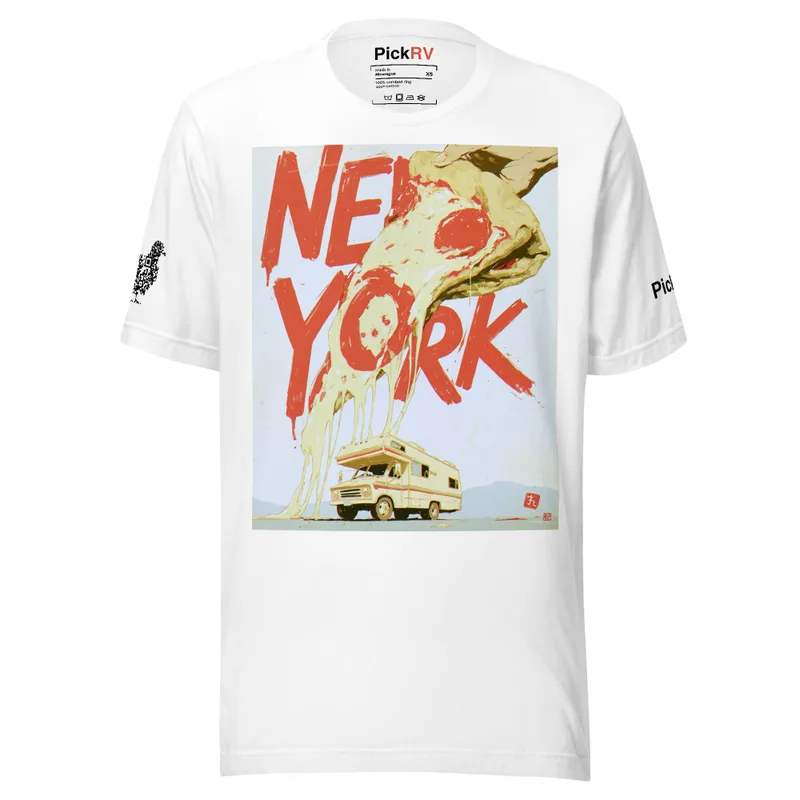 New York Pizza Slice Tee — Retro RV Travel Poster New York Pizza Slice Tee — Retro RV Travel Poster — original PickRV unisex cotton t-shirt, printed on demand