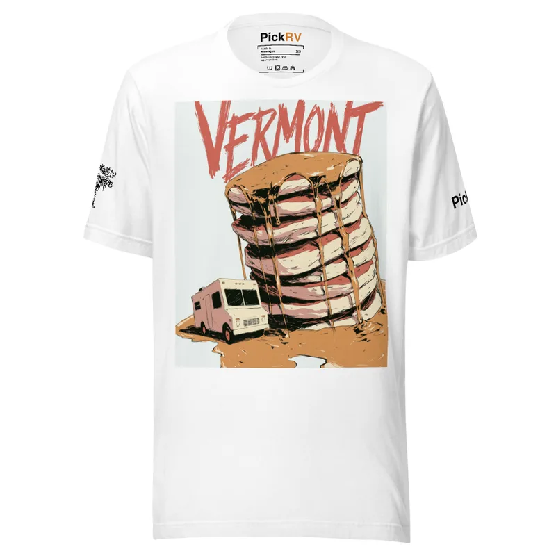 Vermont Pancakes Tee — Vintage Travel Art — original PickRV unisex cotton t-shirt, printed on demand