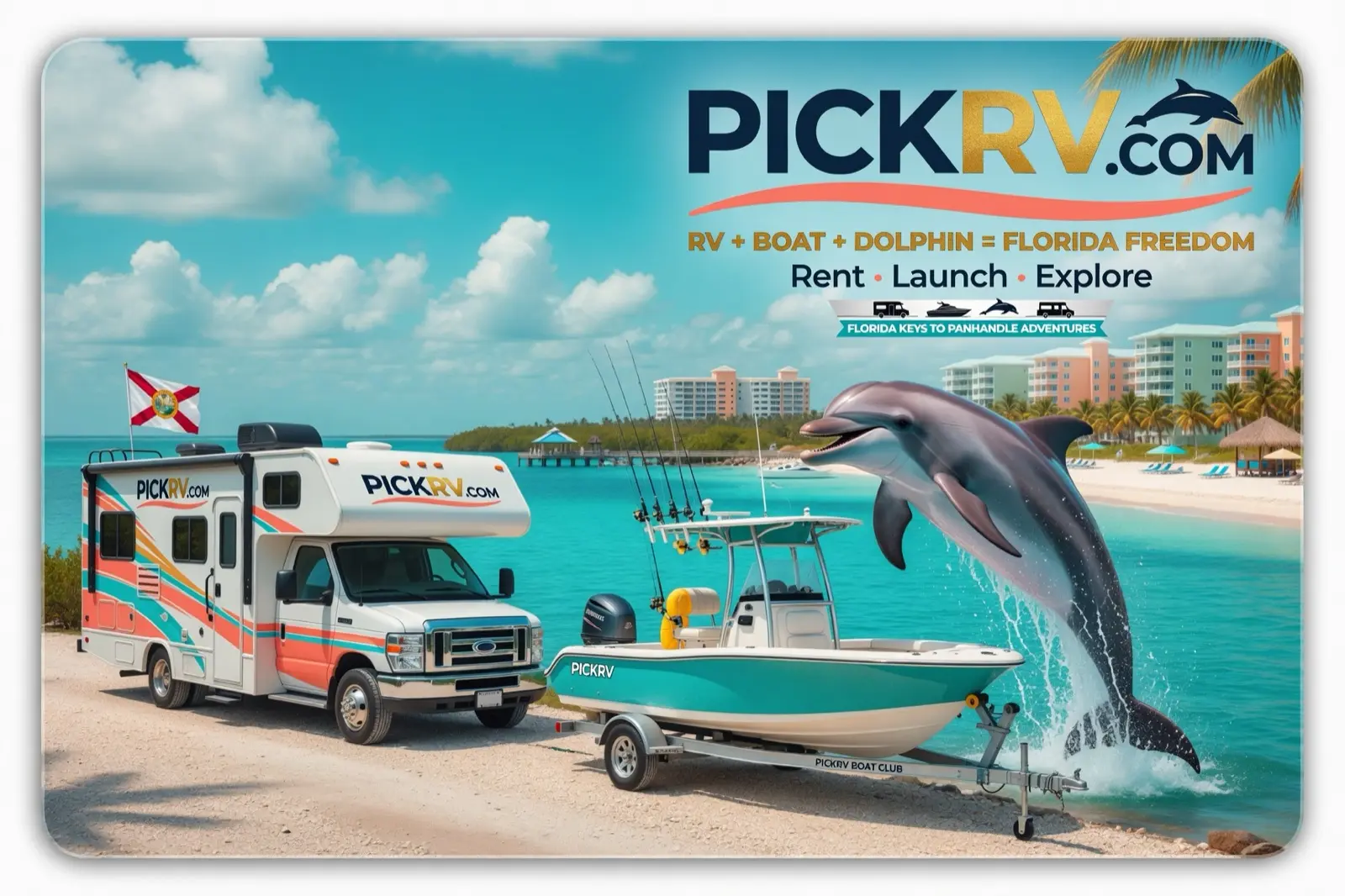 Become a PICKRV.COM Host in Florida, list your RV or boat today, beach RV boat scene with man.