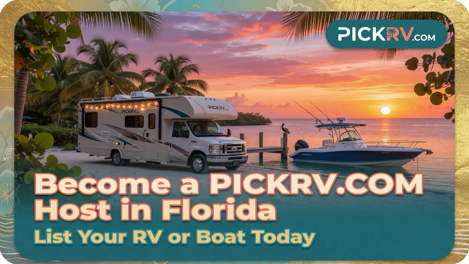 Become a PICKRV.COM Host in Florida, list your RV or boat today, sunset RV boat scene.