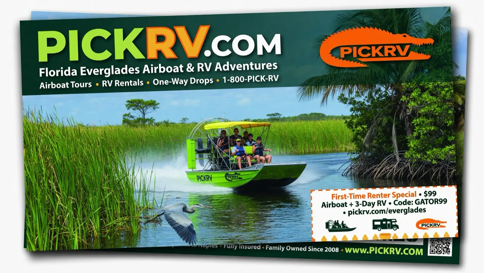 PICKRV.COM RV + BOAT + DOLPHIN = FLORIDA FREEDOM, beach scene with dolphin jumping.