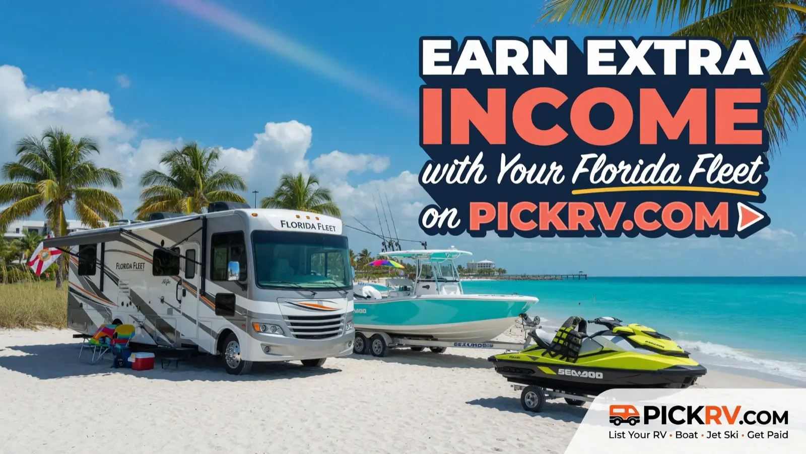 Earn extra income with your Florida fleet on PICKRV.COM — RV, boat, and jet ski on the beach with Florida flag.