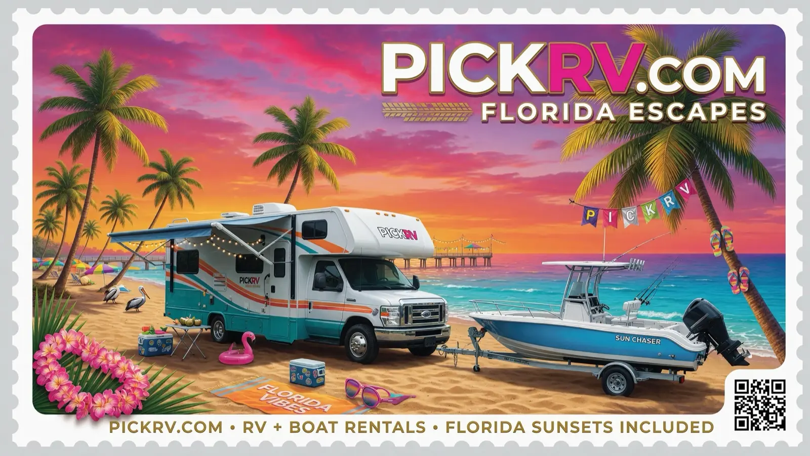 PICKRV.COM Florida Escapes, RV + boat rentals, sunset beach scene with QR code.