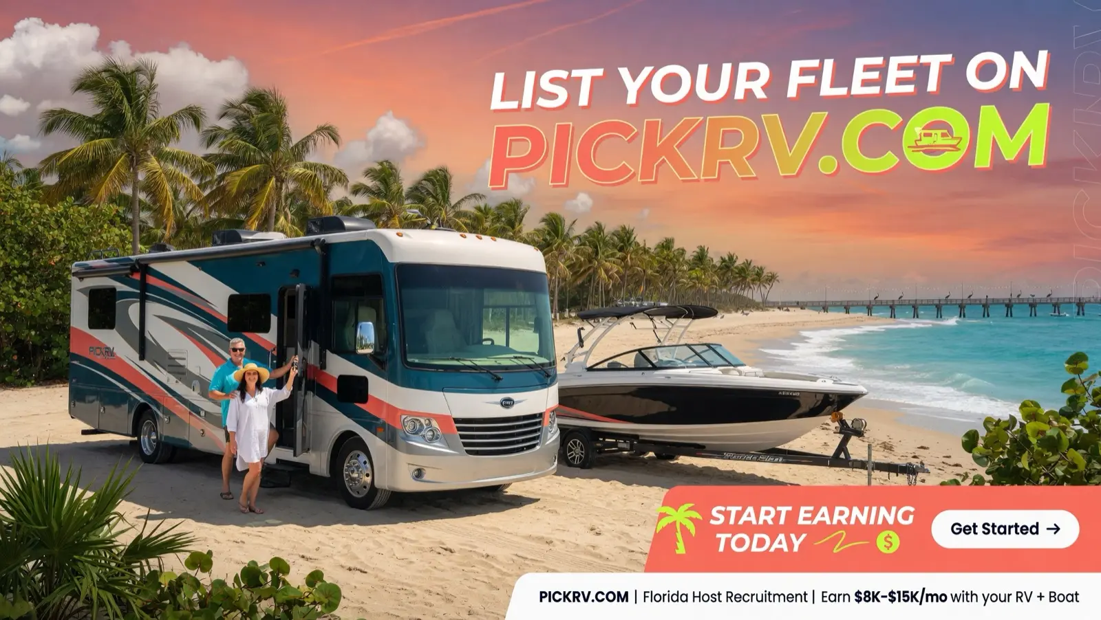 List your fleet on PICKRV.COM, couple with RV and boat on beach at sunset, start earning today.