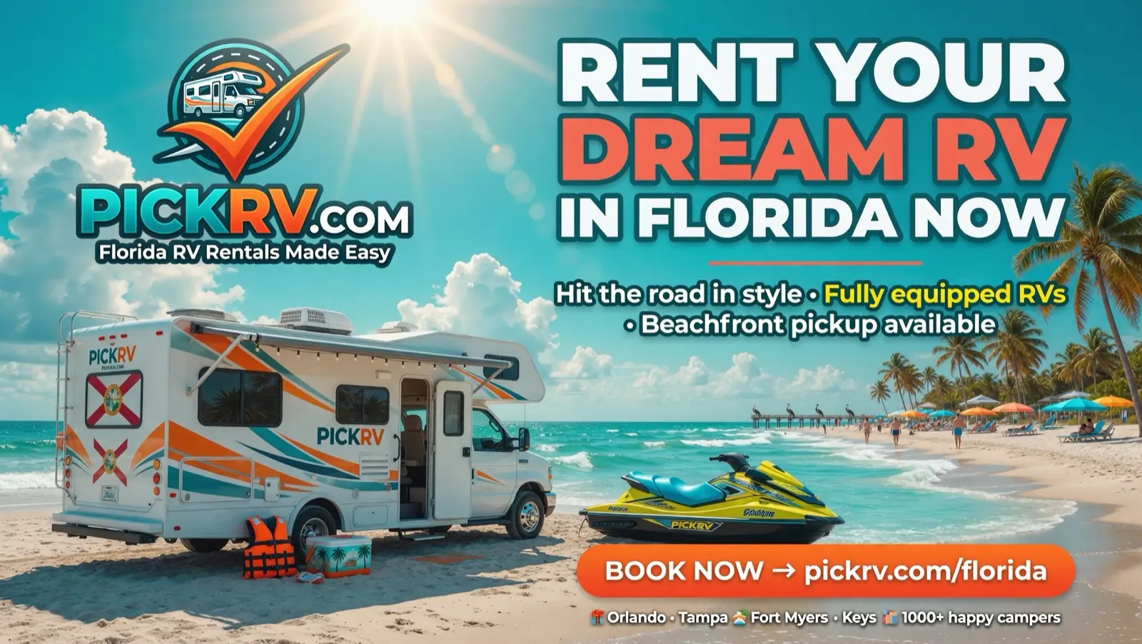 Rent your dream RV in Florida now on PICKRV.COM, beach with jet ski and RV.