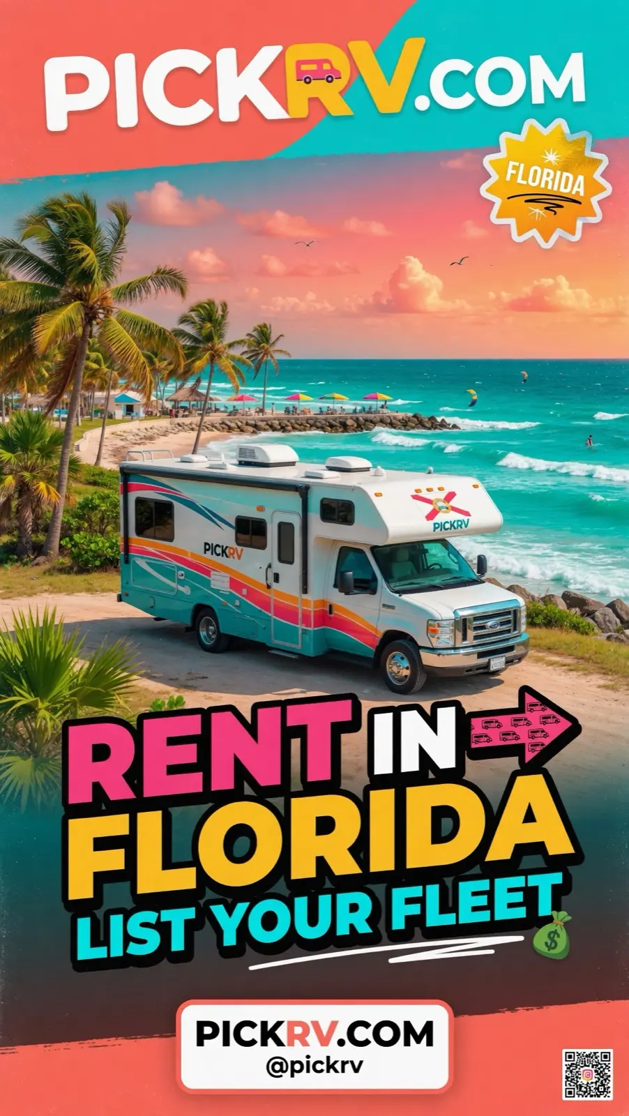 Rent in Florida, list your fleet on PICKRV.COM, beach RV scene.