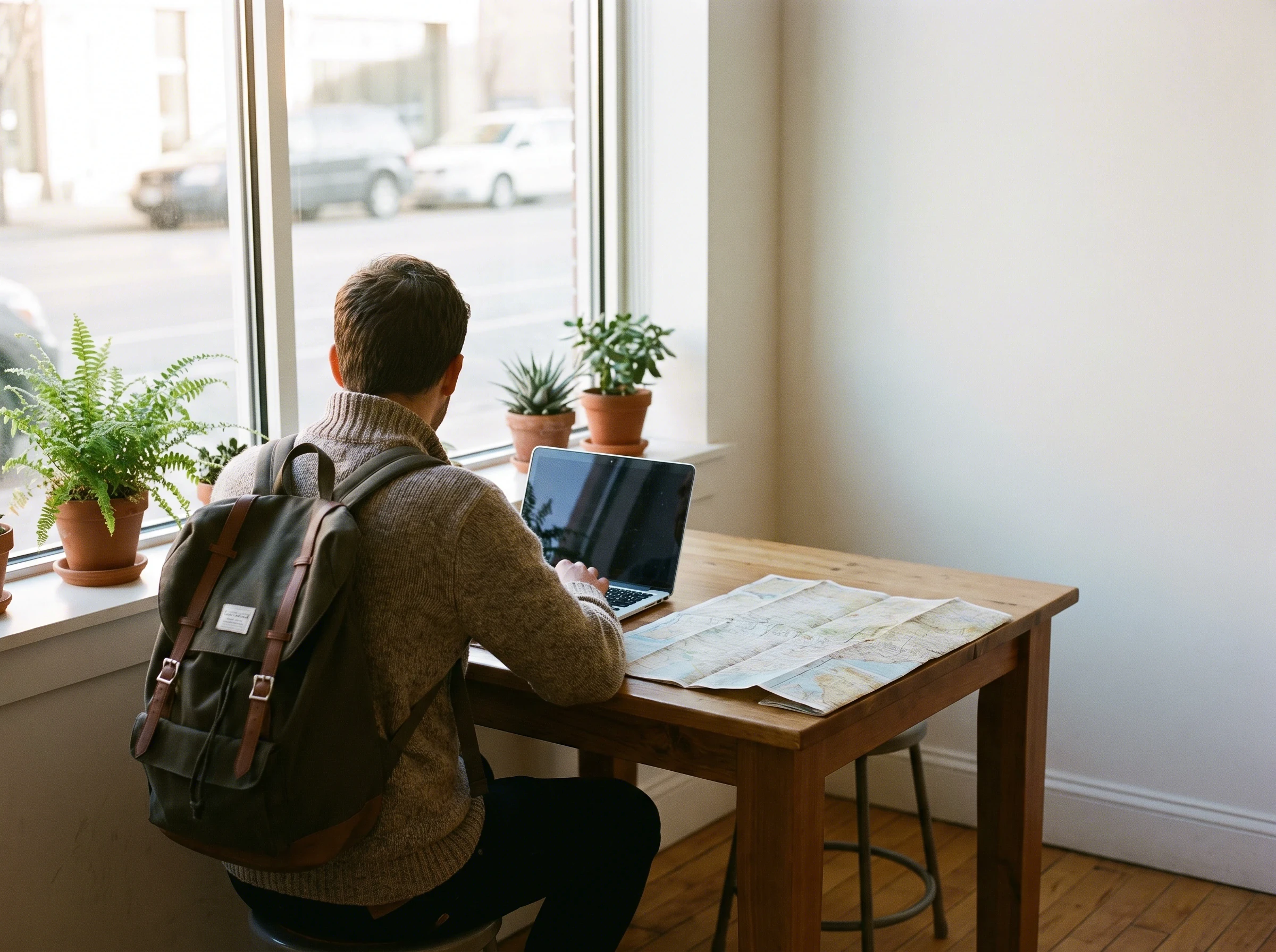 Someone planning at a laptop by a window, a paper map open beside it