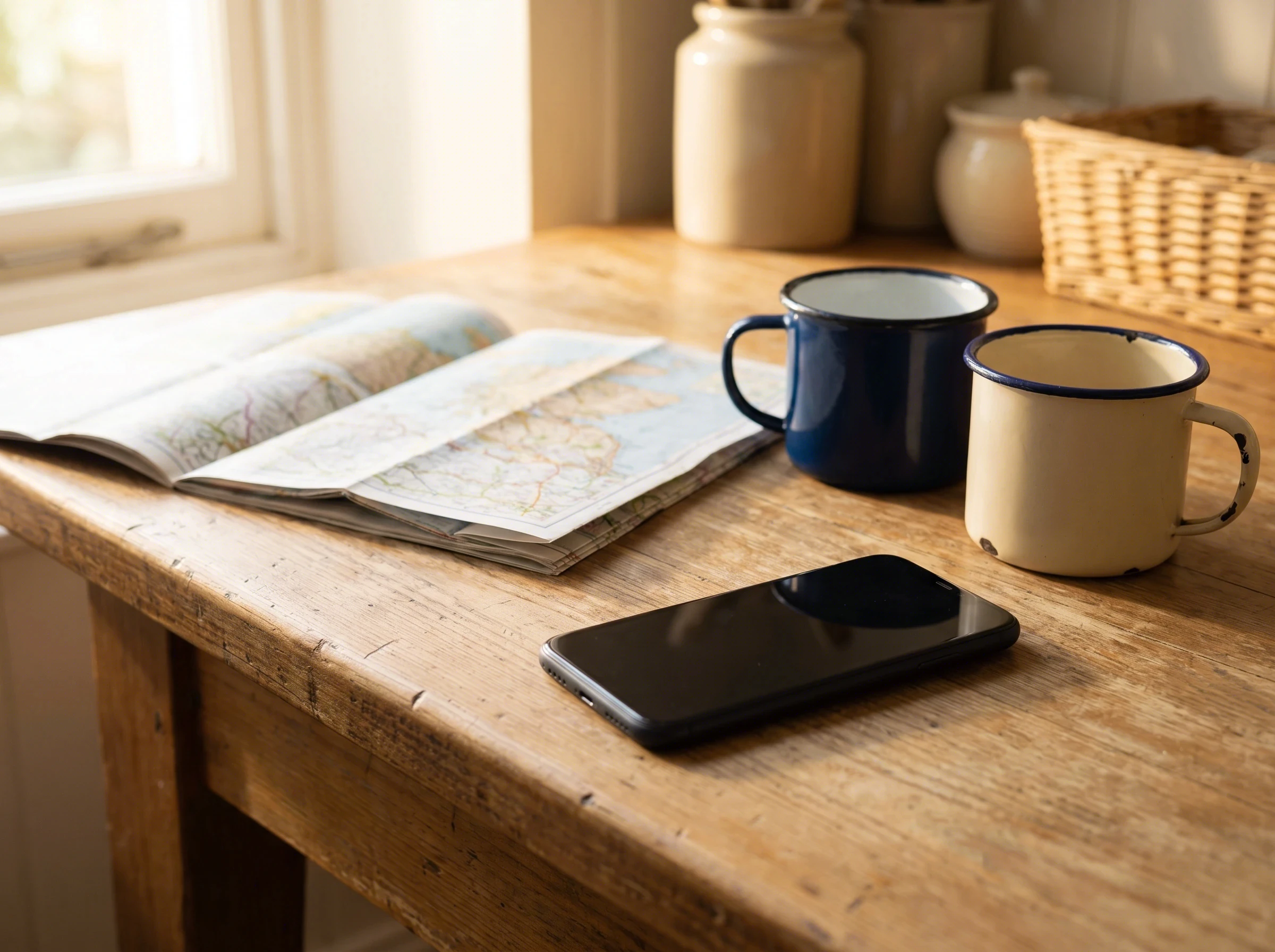 A phone face-down on a kitchen table beside a route atlas and two enamel mugs