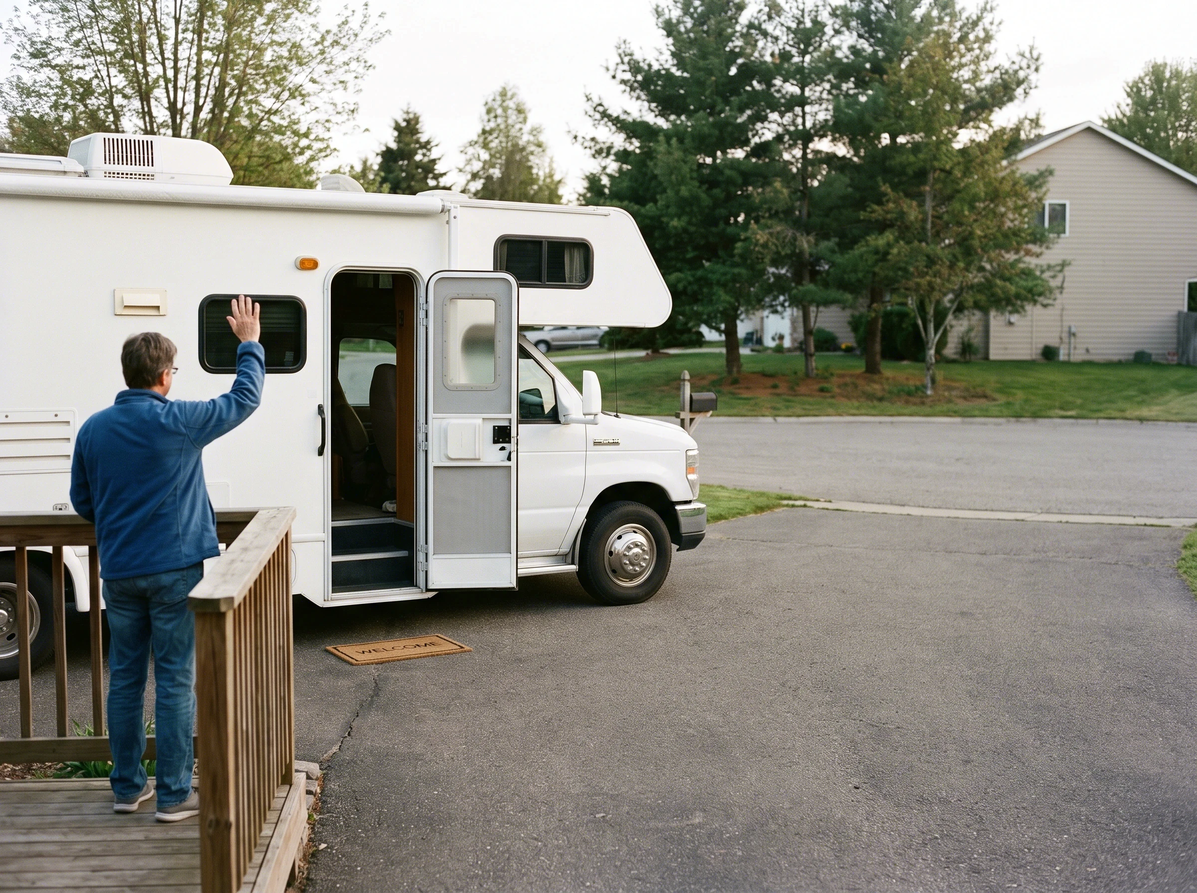 An owner waving from a porch, the door of a Class C open and a welcome mat out