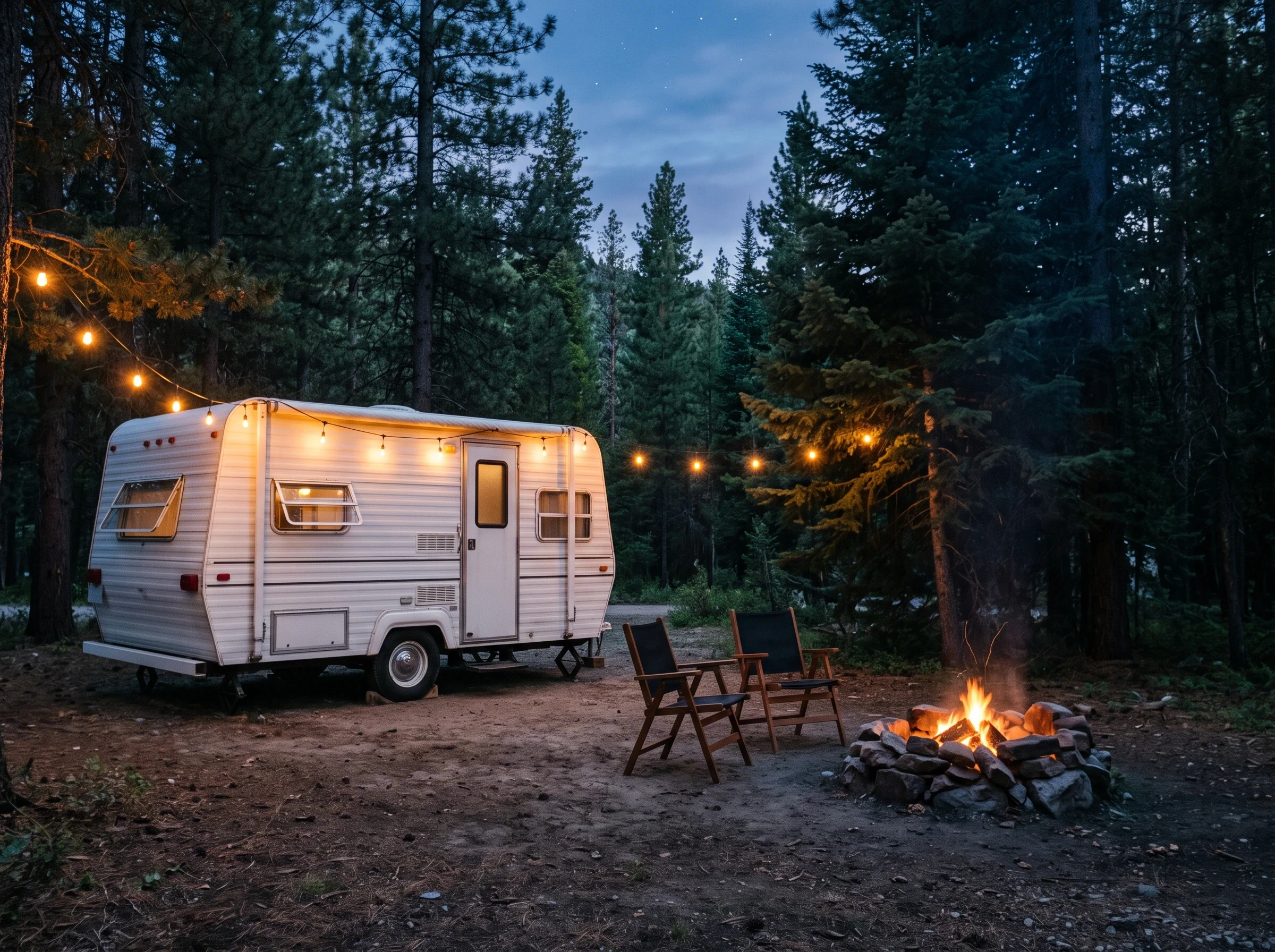 A white vintage trailer at blue hour, string lights up, two chairs by a fire ring
