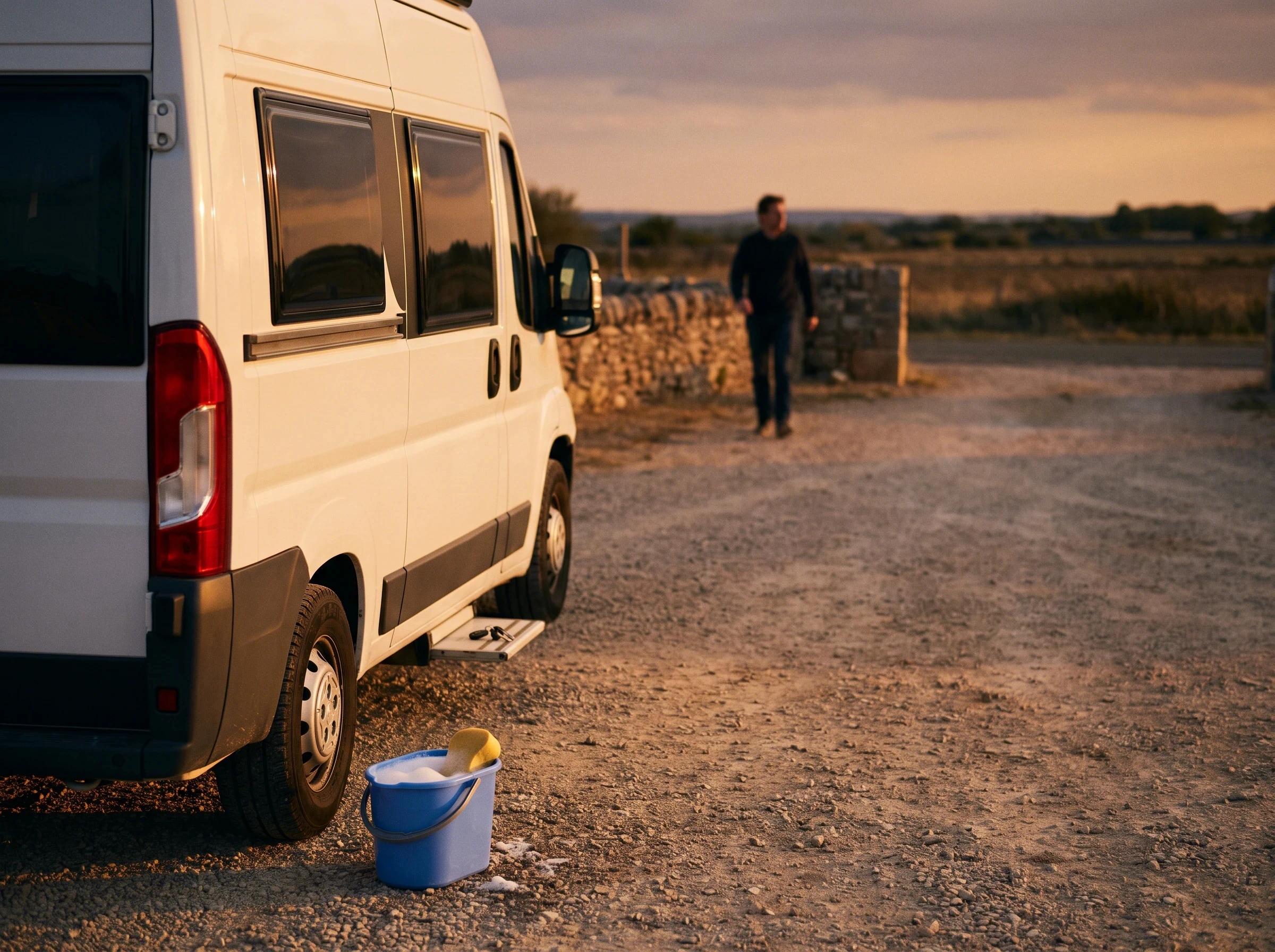 The side of a white van at sunset with a blue wash bucket, someone walking away