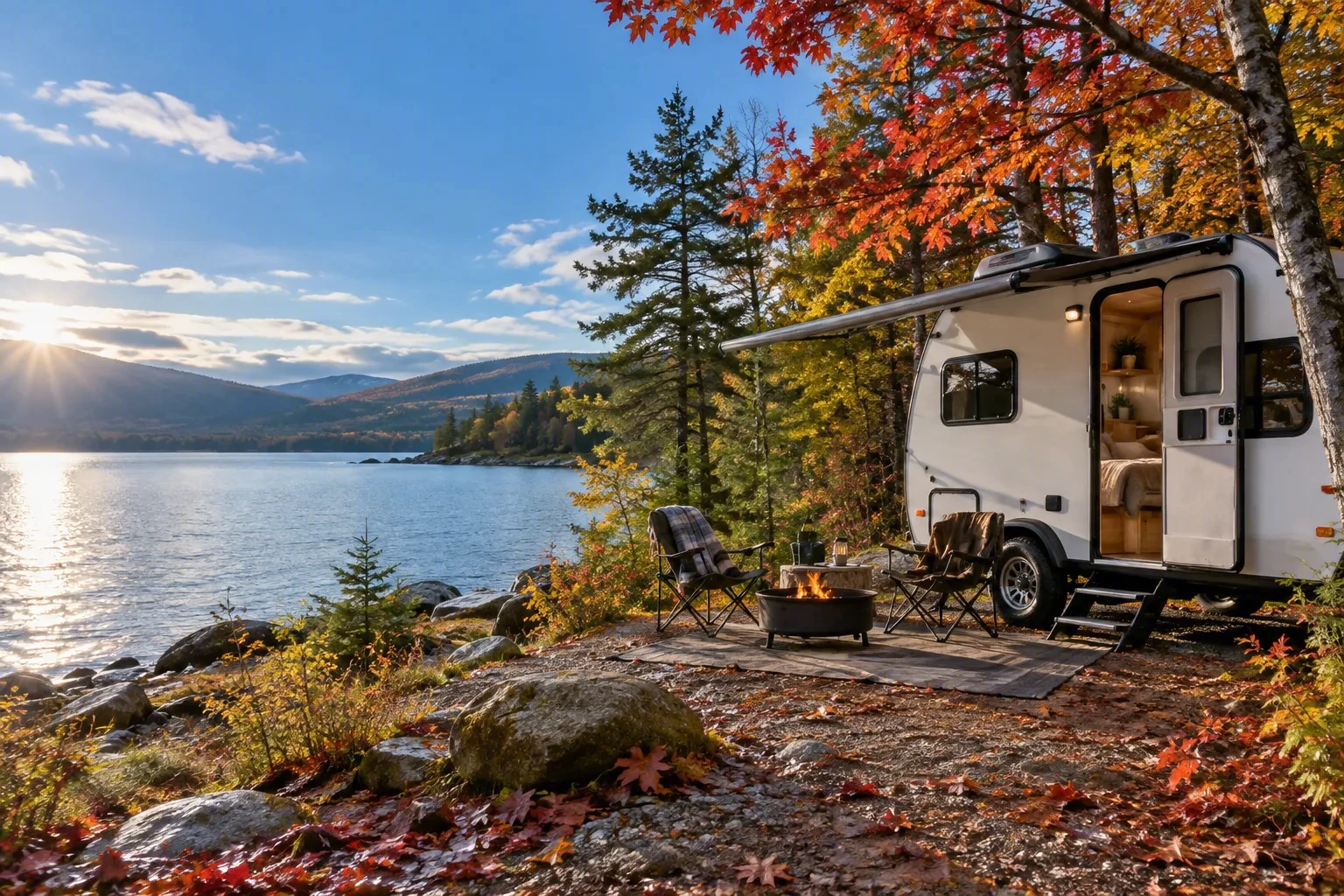 A small travel trailer set up on a lakeside site in autumn, awning out over two chairs and a fire ring, low sun across the water