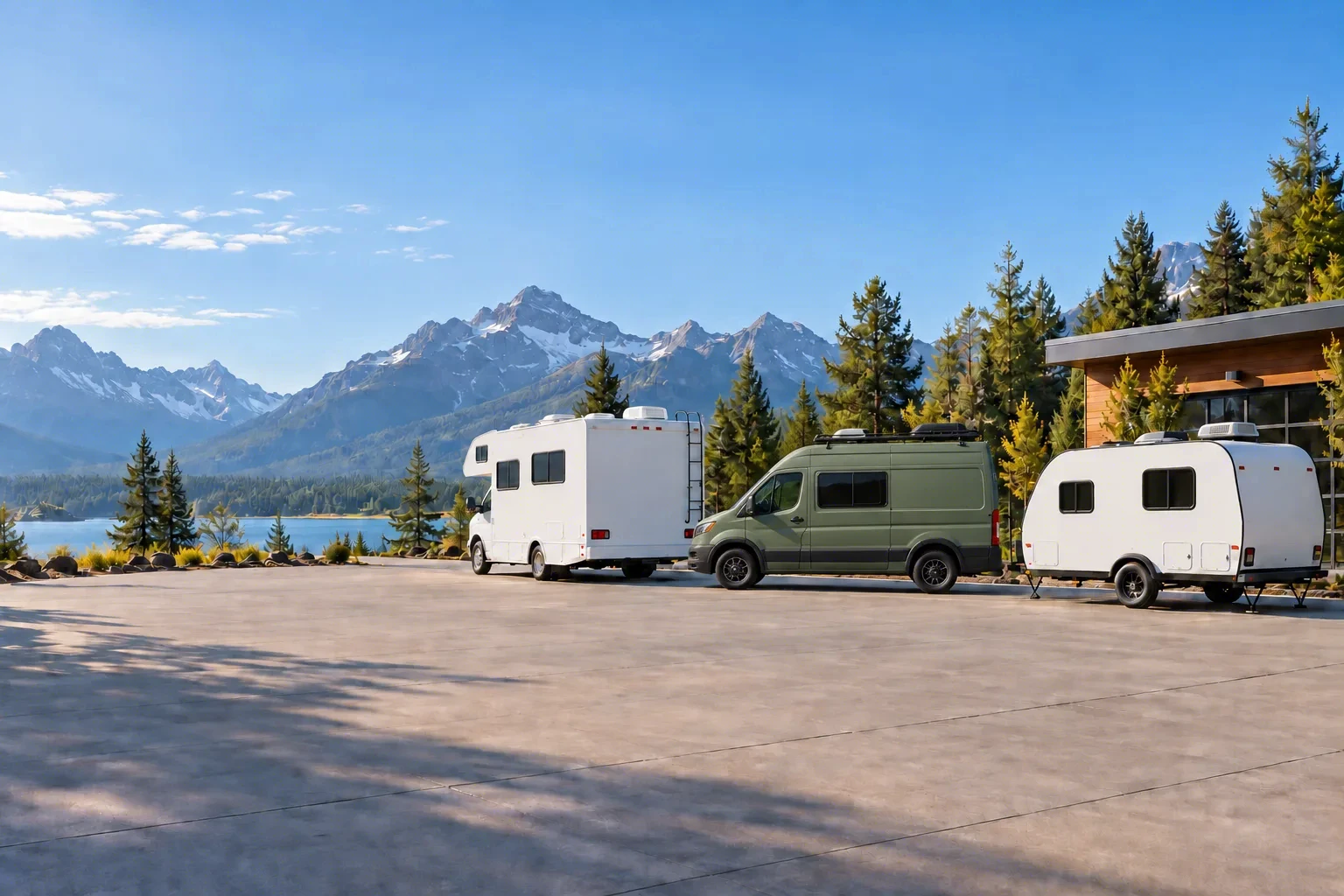 A motorhome, a camper van and a small trailer parked in a row on an empty paved lot, a lake and mountains behind
