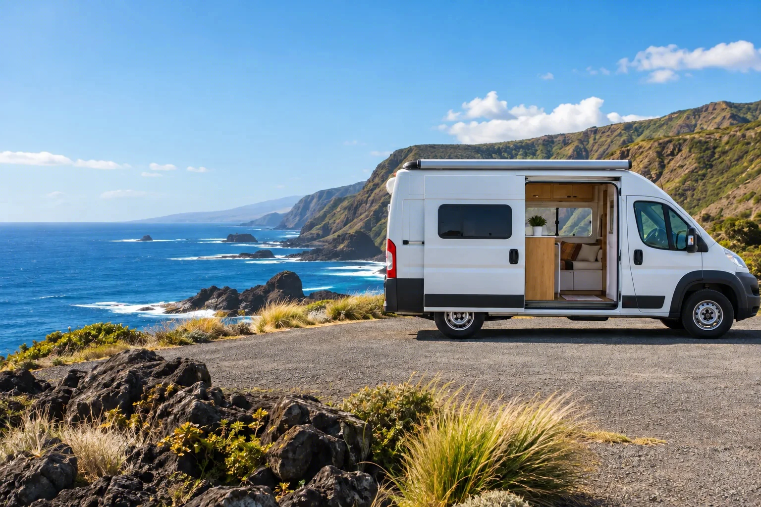 A camper van parked side-on at a coastal overlook with its side door open, cliffs and open ocean beyond
