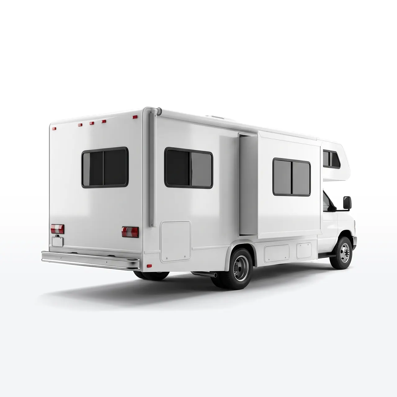 A plain white Class C motorhome on a studio floor