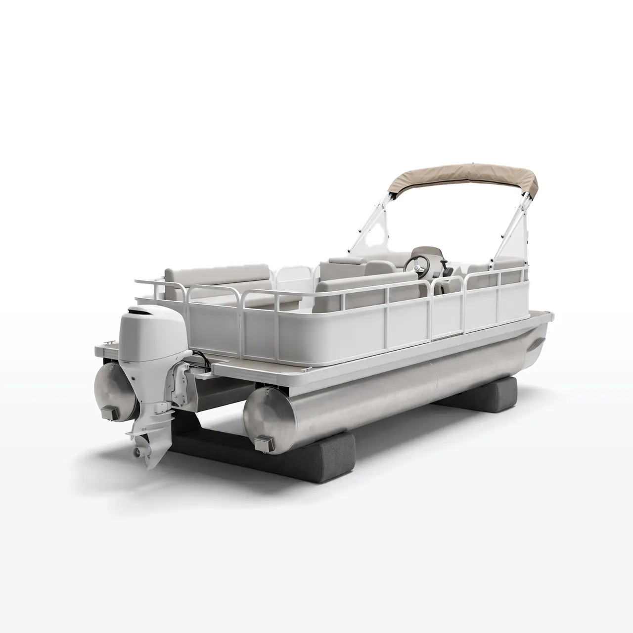 A plain pontoon boat on a studio floor