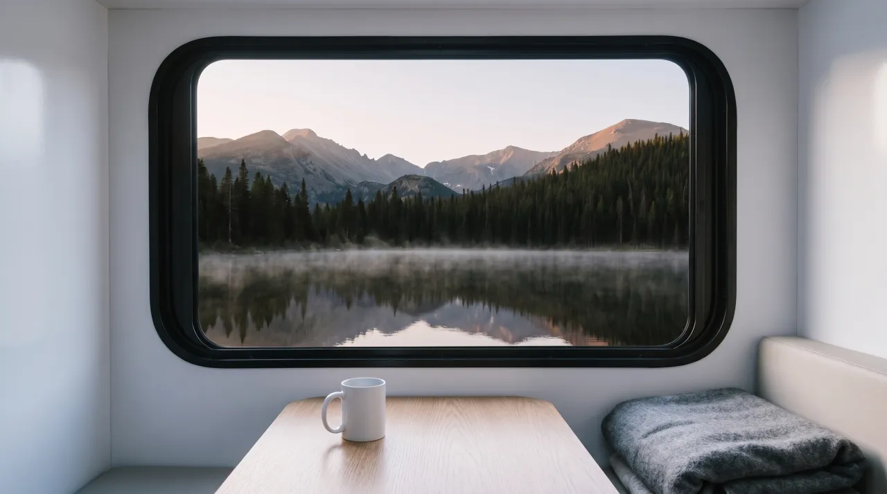 An RV window opening onto a calm lake at dawn