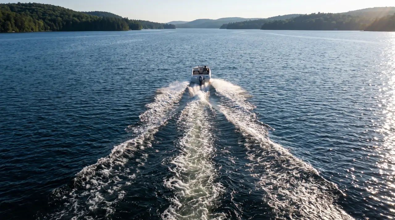 A boat's wake on a lake turning into a dust trail across the desert
