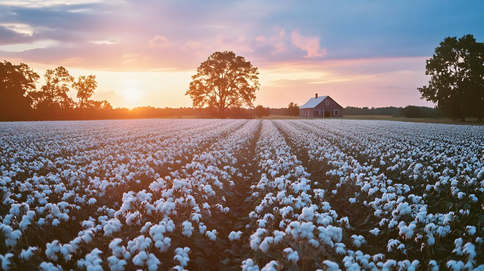Cotton fields stretching toward the horizon across the Alabama countryside