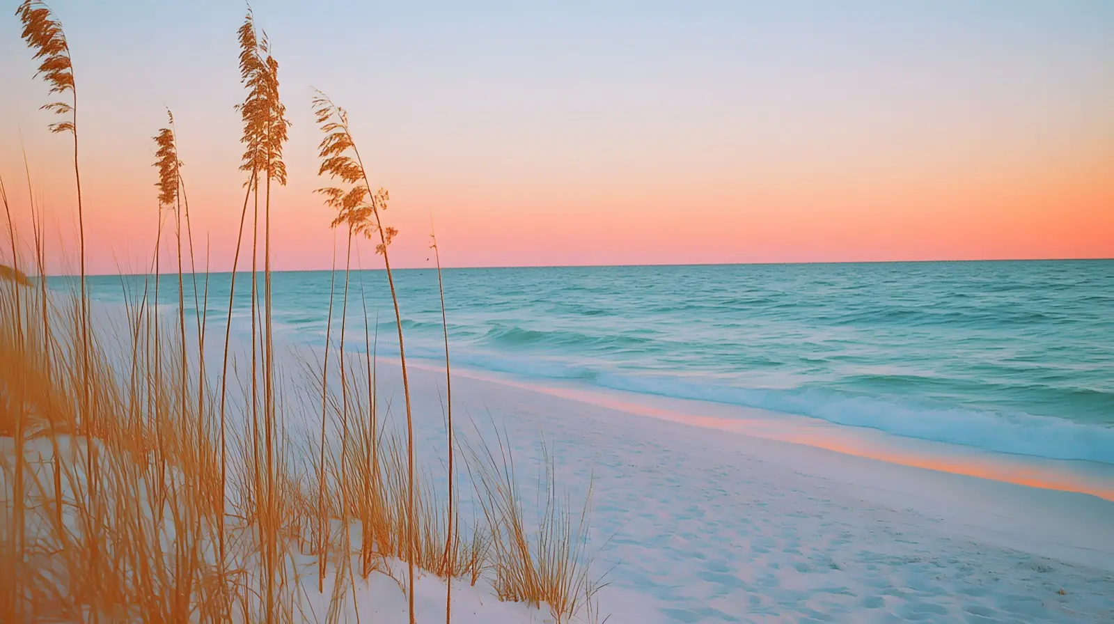 Gulf Shores Alabama white sand beach at golden hour vibrant