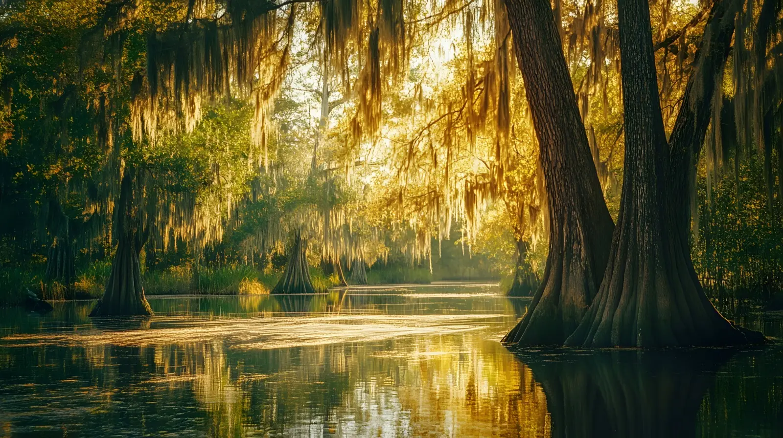 Ancient bald cypress trees rising from Mobile Bay swamp water