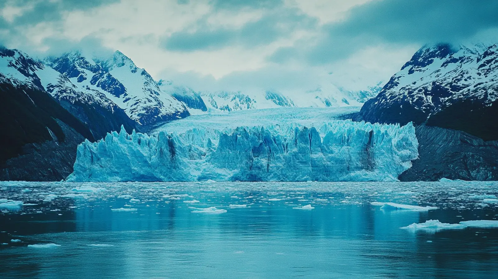 Massive turquoise blue glacier face calving into Alaskan fjor