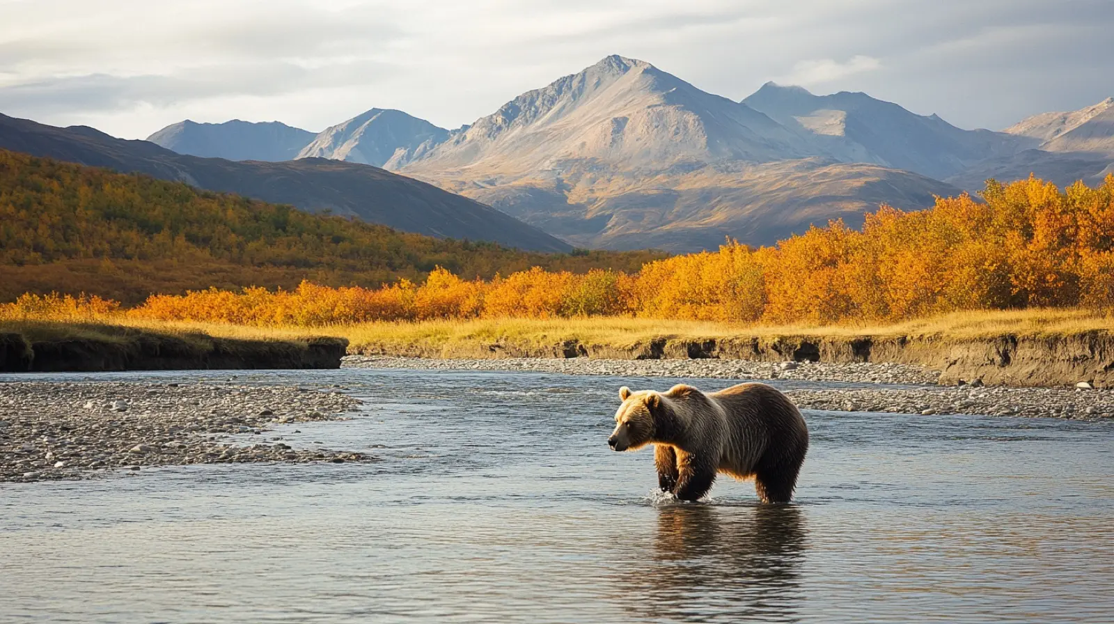 Grizzly bear catching salmon in a shallow Alaska river