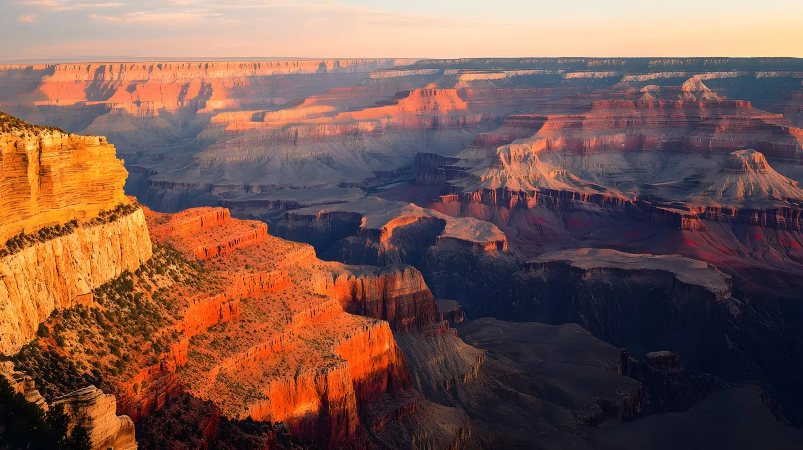 Sweeping aerial view of Grand Canyon at golden hour dramatic