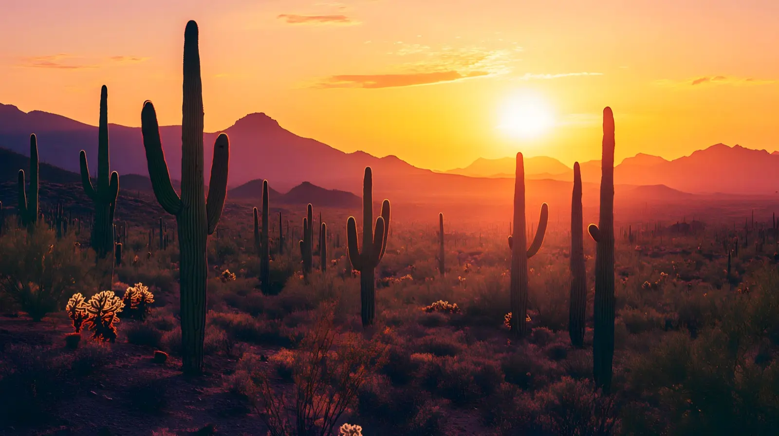 Forest of giant saguaro cacti in Sonoran desert at sunset viv