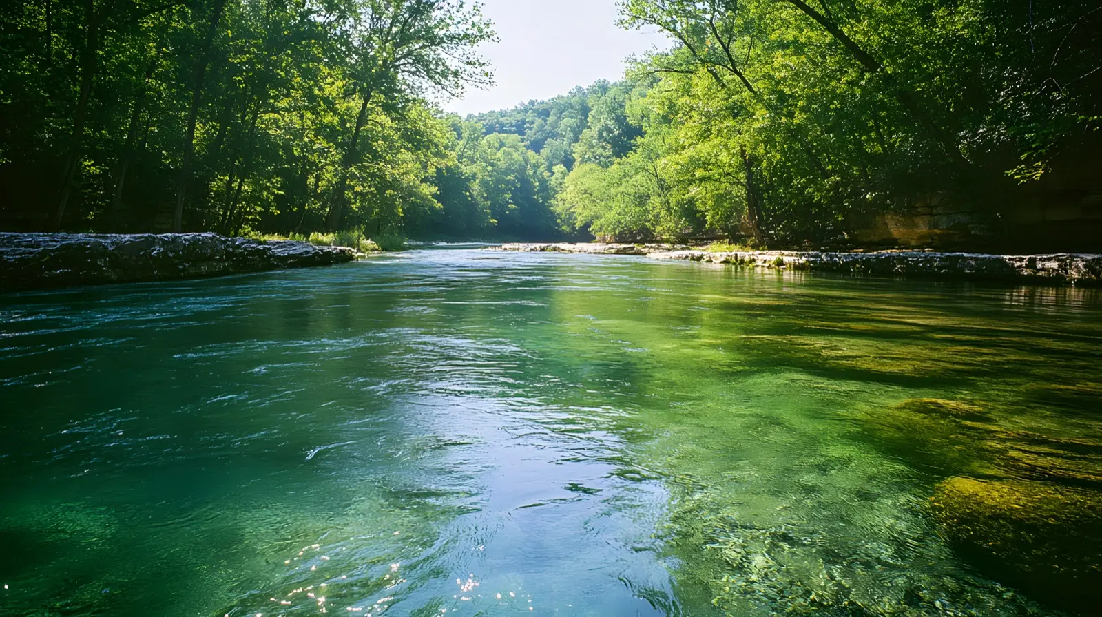 Clear water of the Buffalo National River flowing over limestone, Arkansas
