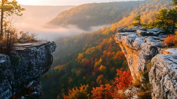 Hawksbill Crag overlook in Ozark Mountains of Arkansas at sun