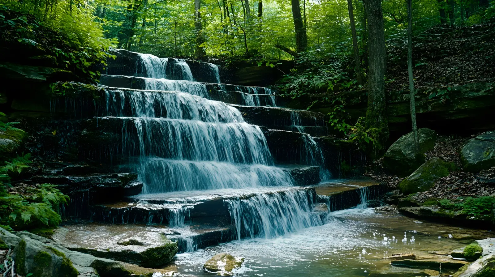 Hidden Ozark waterfall cascading down moss-covered rocks into