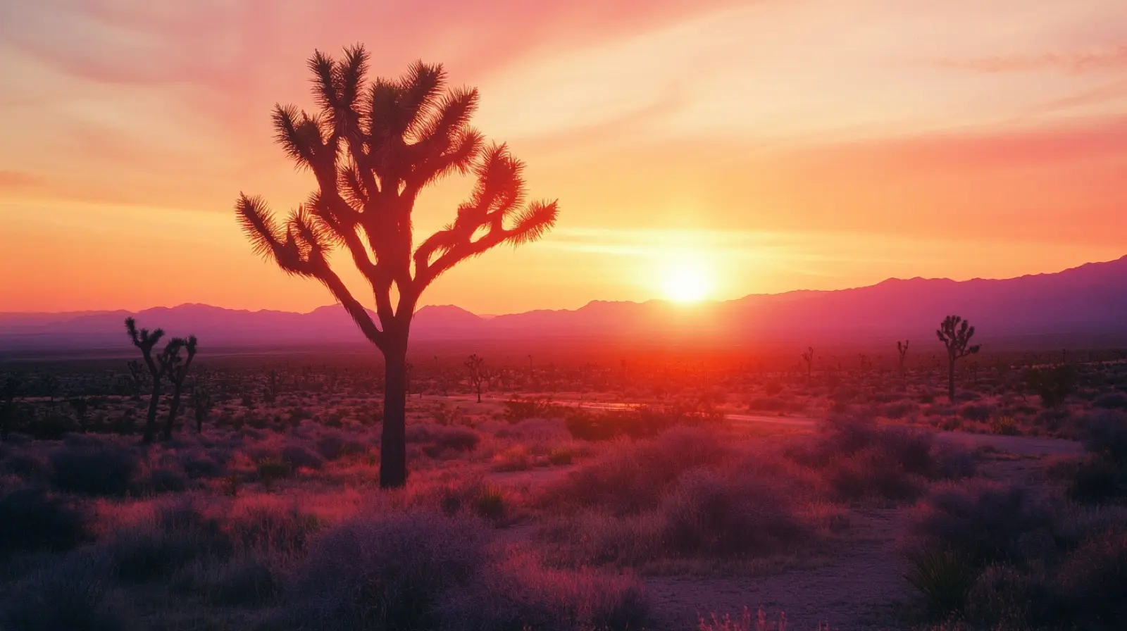 Joshua tree silhouettes against vivid orange and pink desert